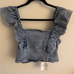 Ganni Blue Denim Ruffle Crop Top